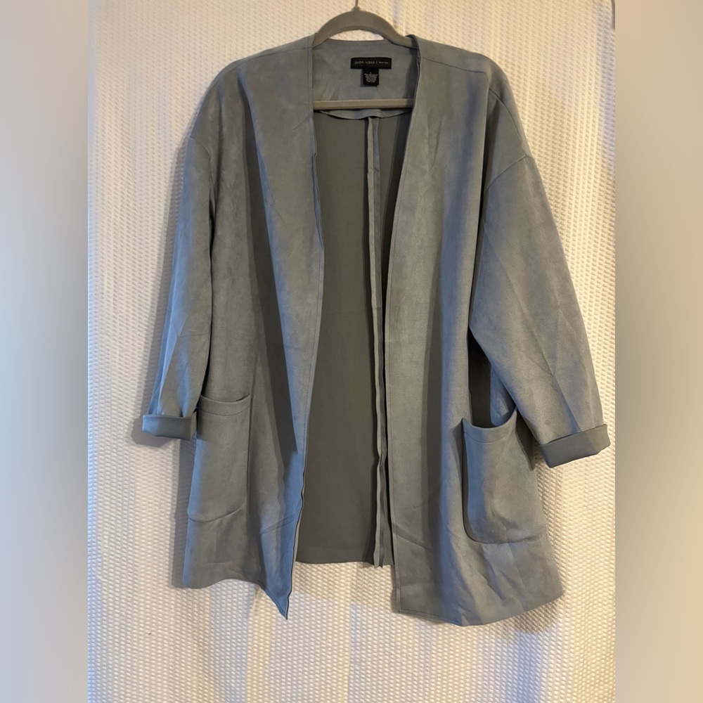 Joan Vass New York Womens Open Front  Blue/Gray Cardigan Faux Suede Large